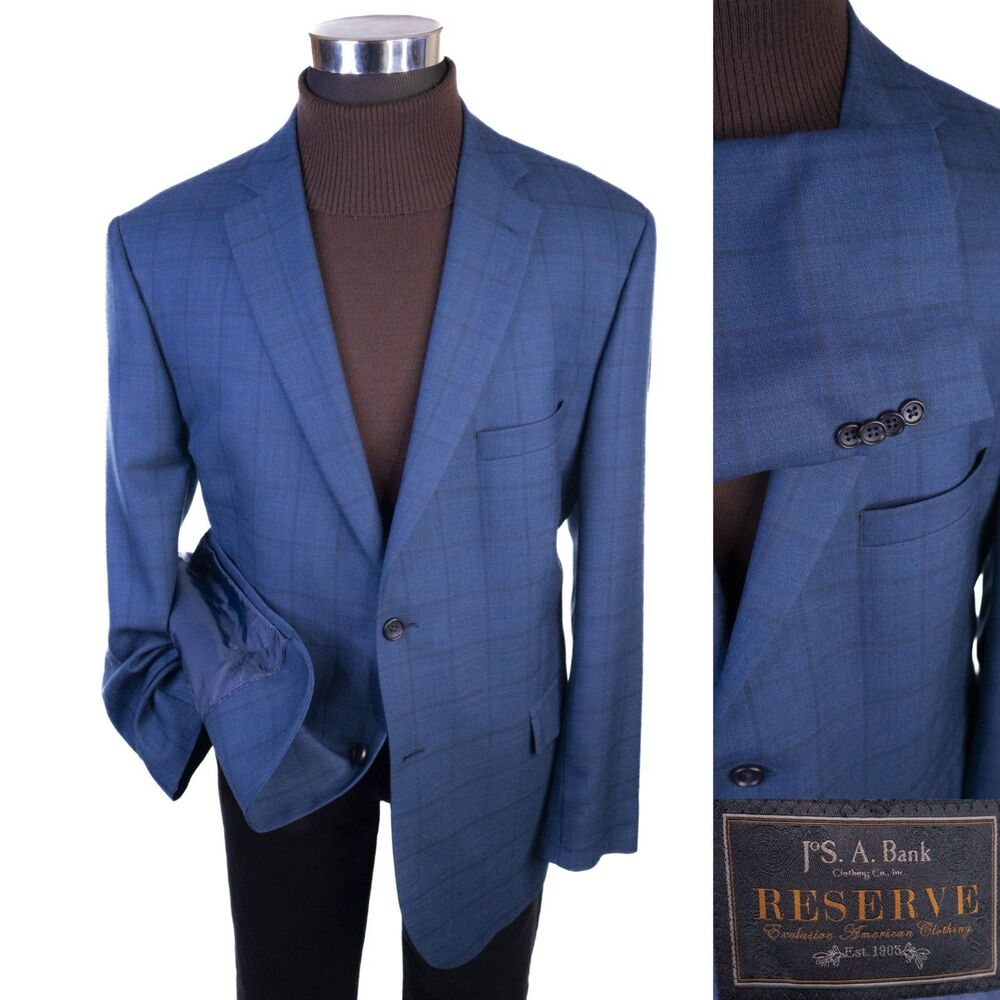 Jos A Bank RESERVE Blazer Sport Coat Sz 48R Wool Silk Blue Check 2-Button Jacket